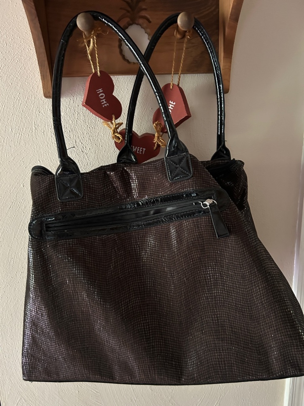 DrkBrown w/ black lines Textured Tote with Black Patent Trim. 6” deep. 18”wide